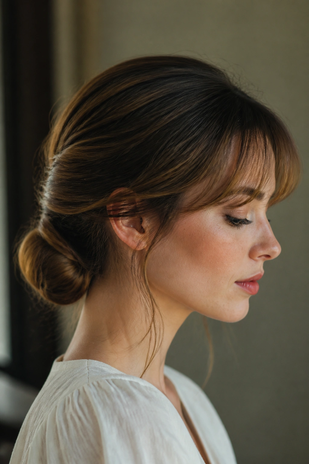 Profile of a woman with a tucked low roll and wispy bangs.