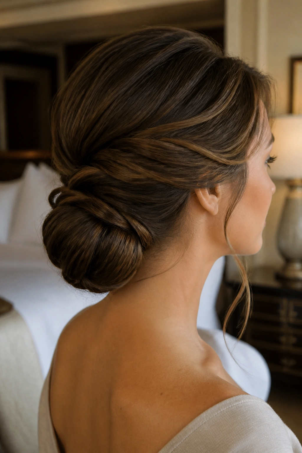 Profile view of a real woman with a low rolled chignon at the nape.