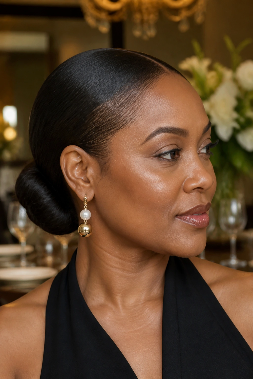 Close-up of a Black woman with a low rolled chignon at the nape
