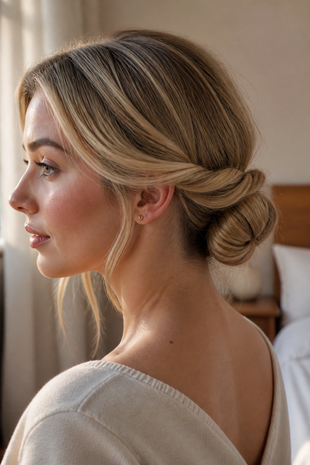 Close-up of a real woman with a low rope-twist bun at the nape