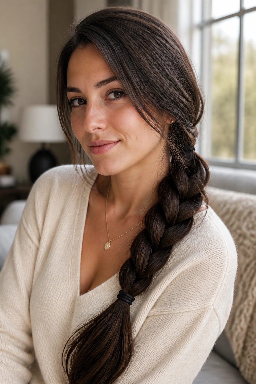Close-up of a real woman with a low side braid over the shoulder in natural light