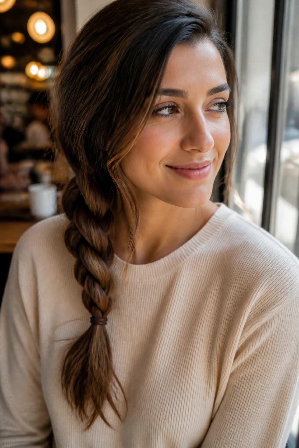 Close-up of a real woman with a low side braid