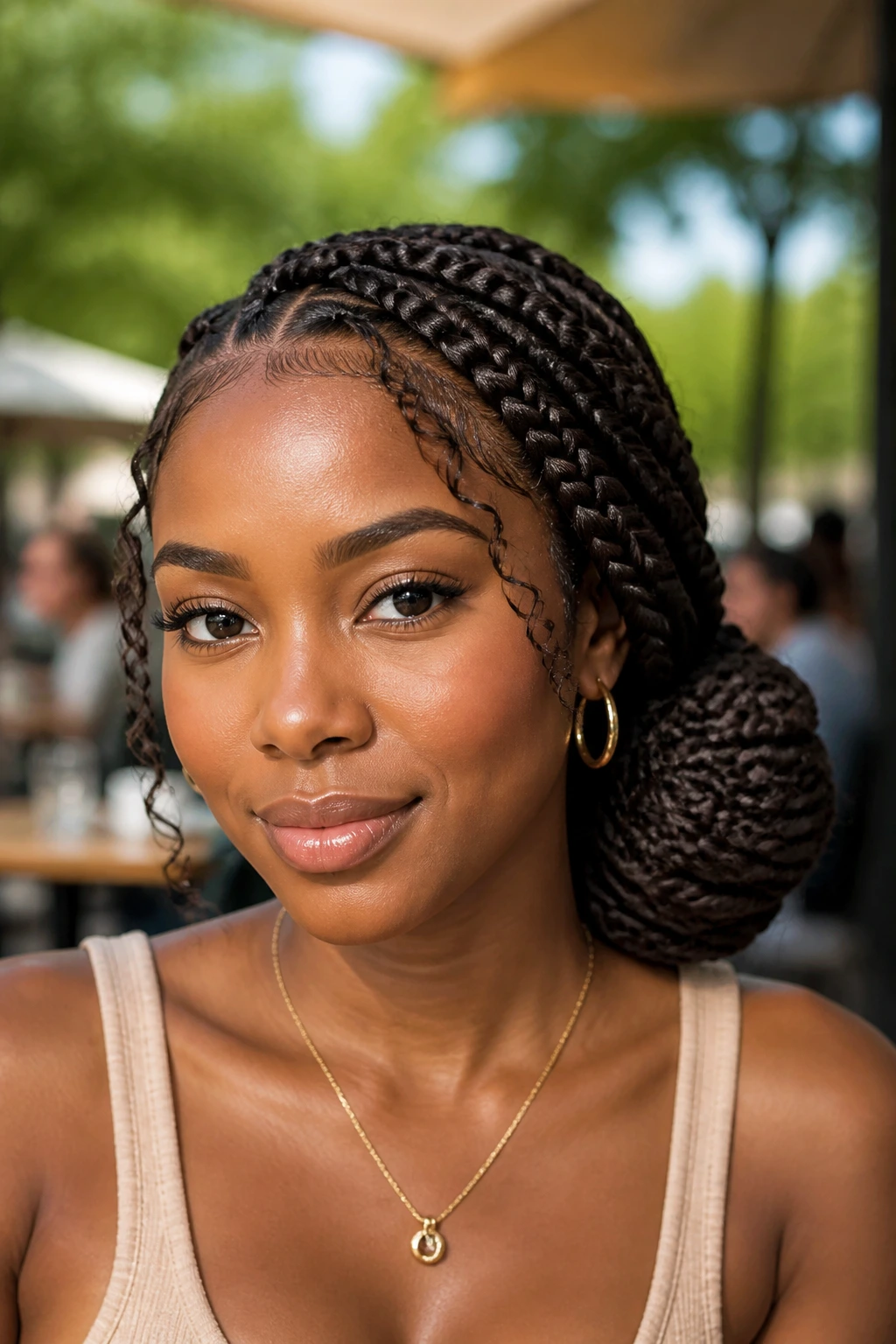 Close-up of a real woman with a low side bun goddess braid hairstyle