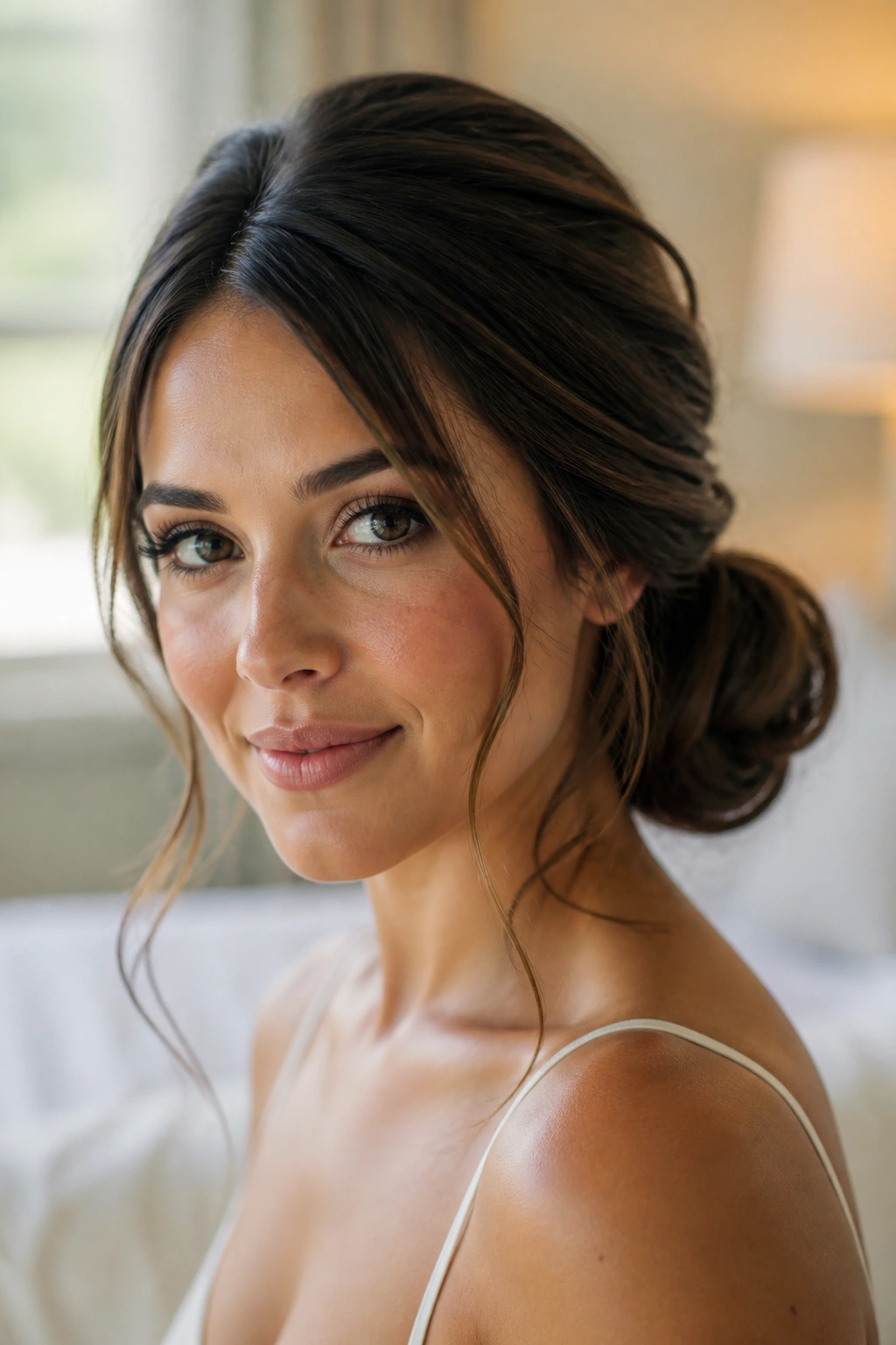 Woman with a low side bun and face-framing loose pieces