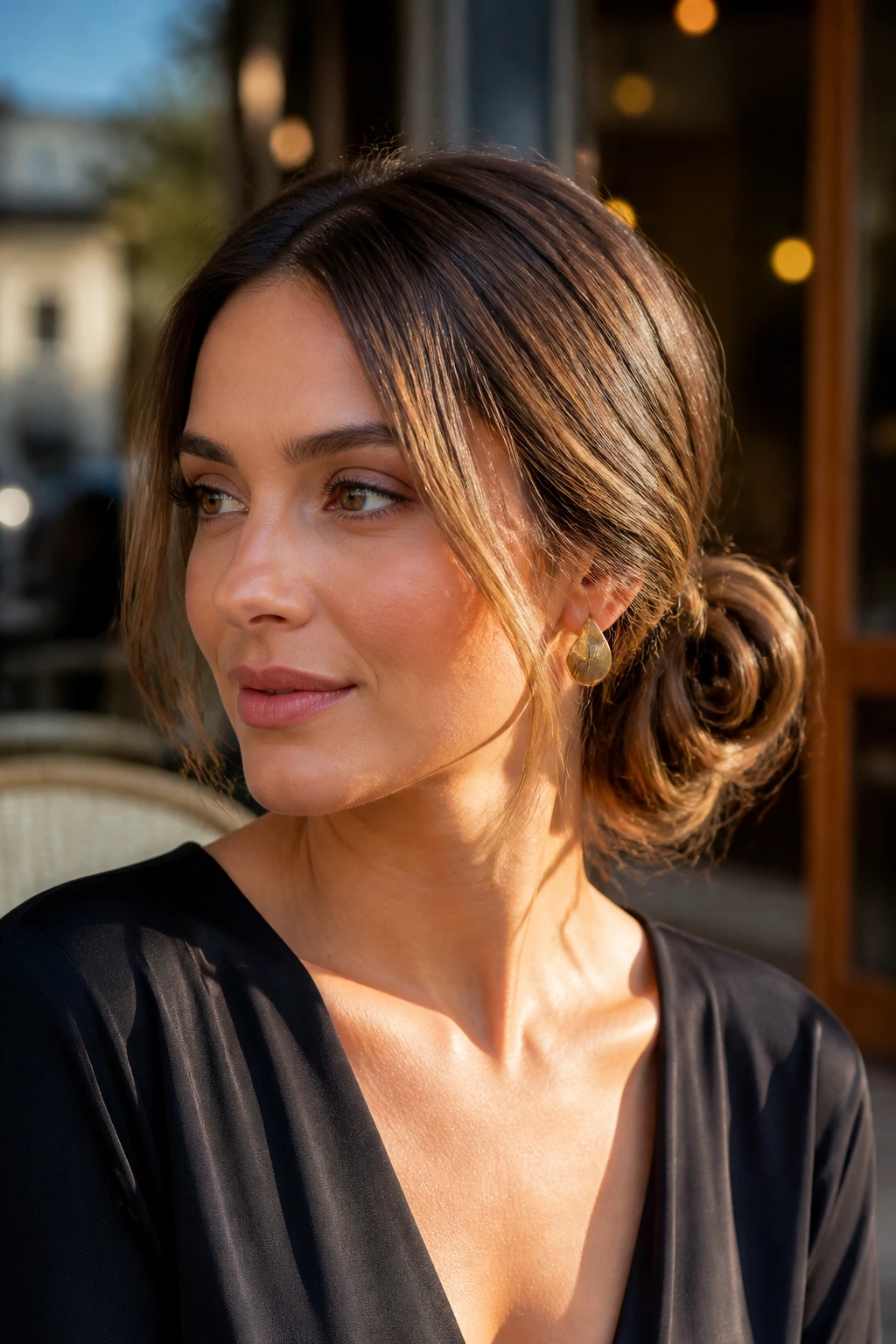 Close-up of a real woman with a low side bun and soft face-framing pieces