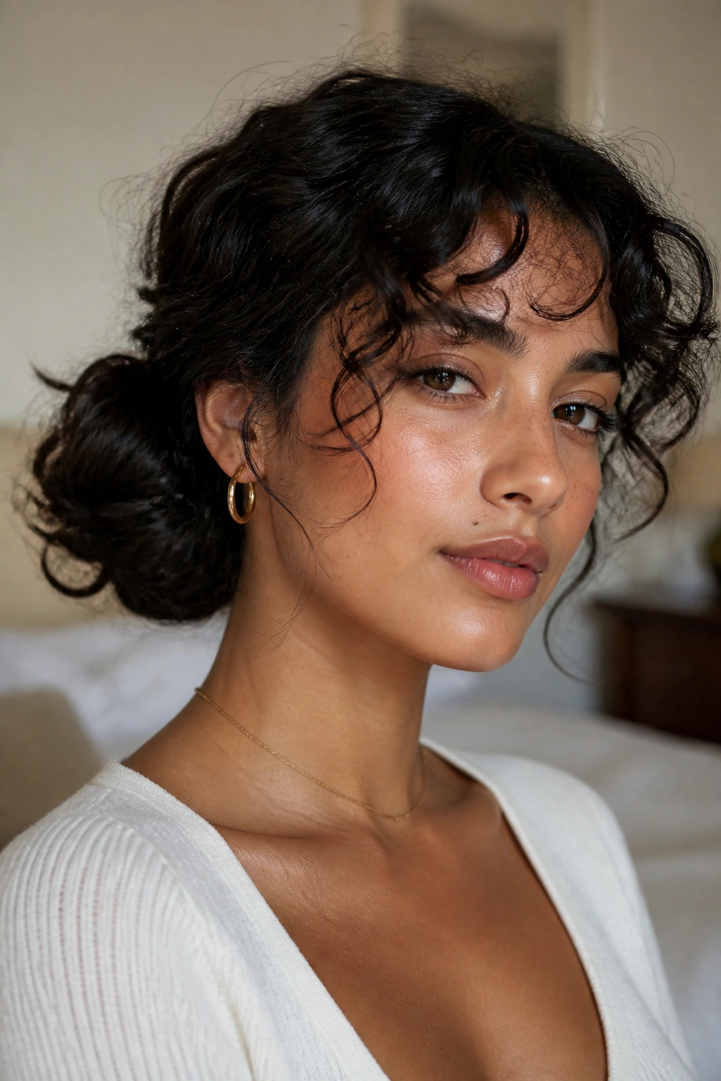 Close-up of a real woman's head with a low side bun and wispy curly bangs