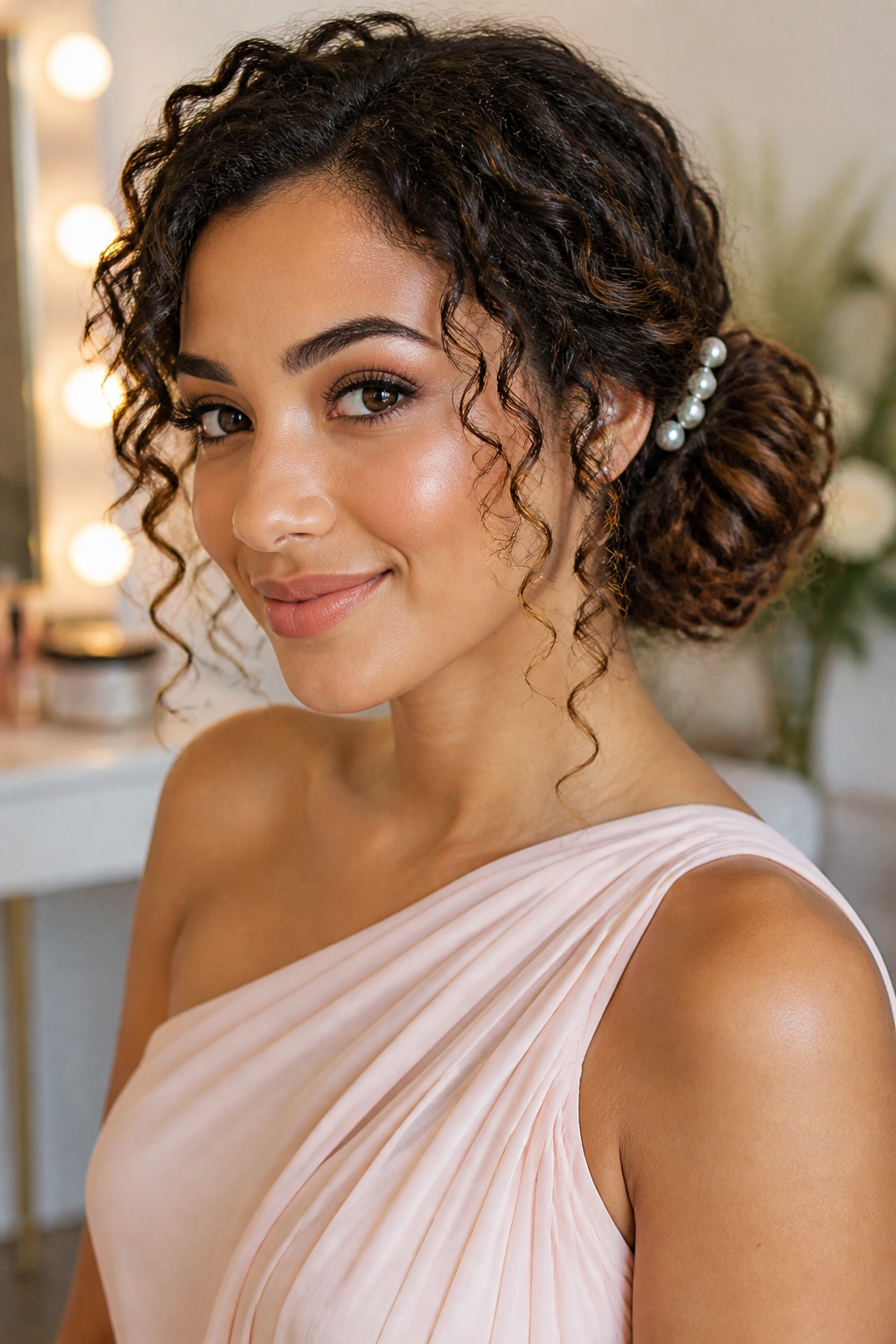 Close-up of a real person with a low side knot and pearl pins in curly hair