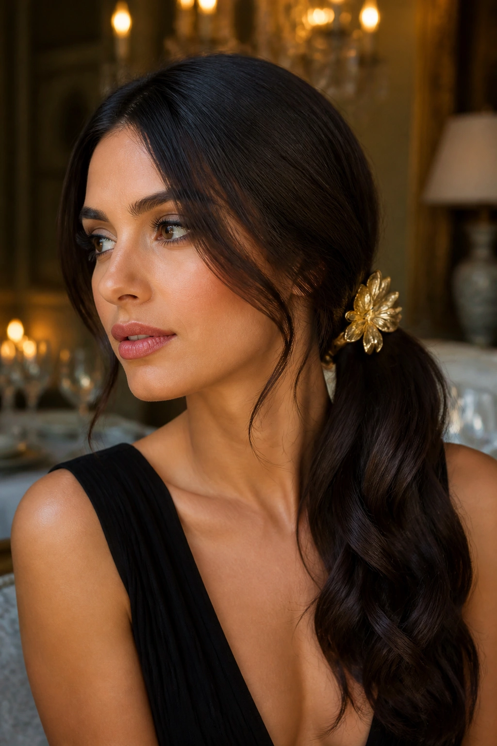 Portrait of a woman with a low side ponytail and bold accessory near the base