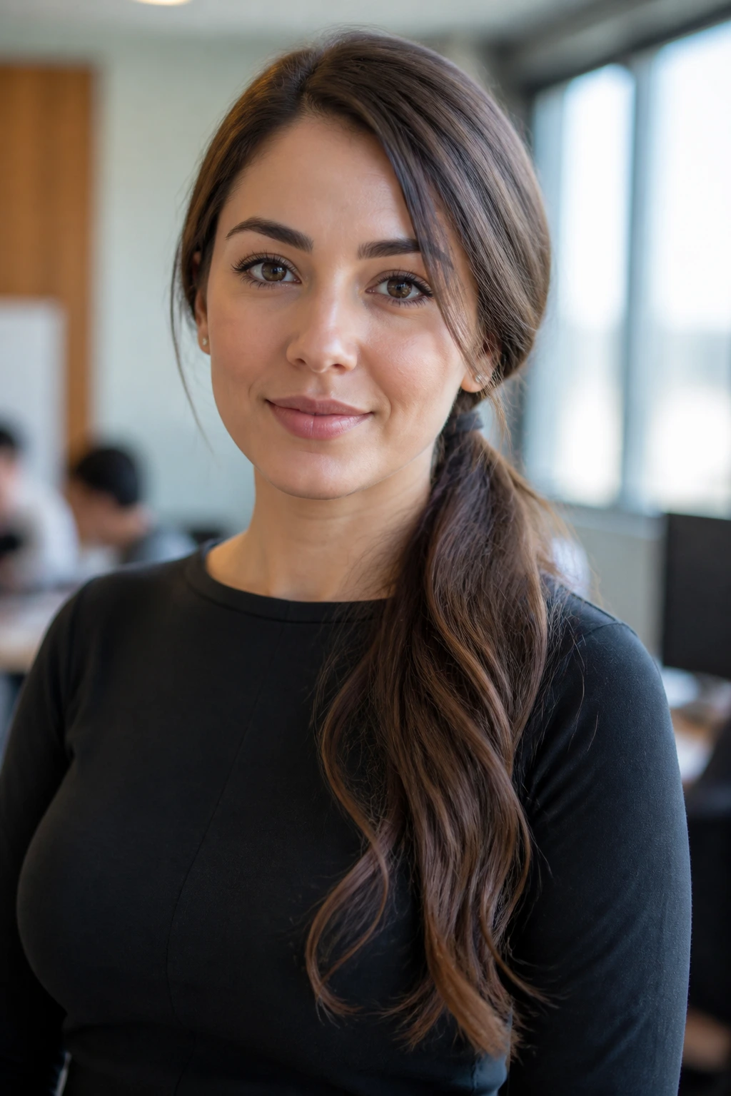 Close-up of a woman with a low side ponytail for work or school