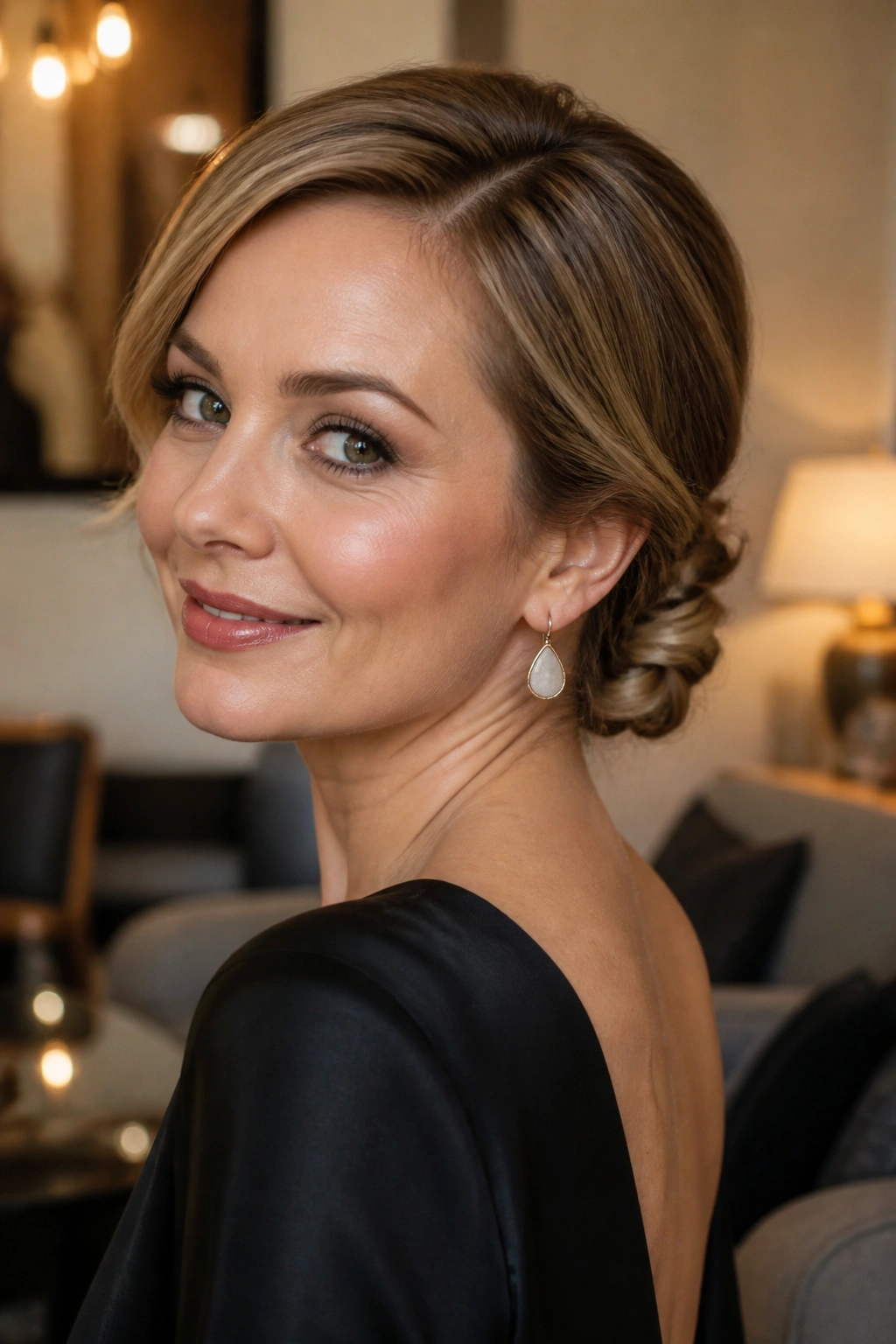 Low side twist on short hair in portrait.