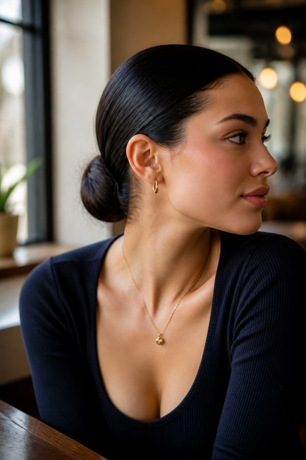 Close-up of a real woman with a low sleek bun at the nape in soft daylight.