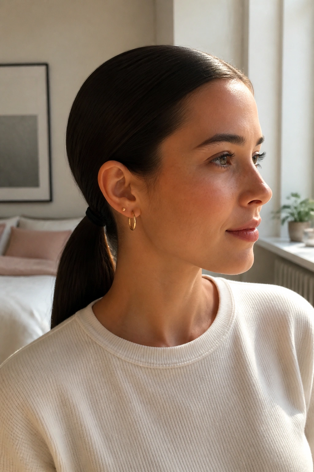 Close-up of a woman with a low sleek ponytail at the nape in soft morning light