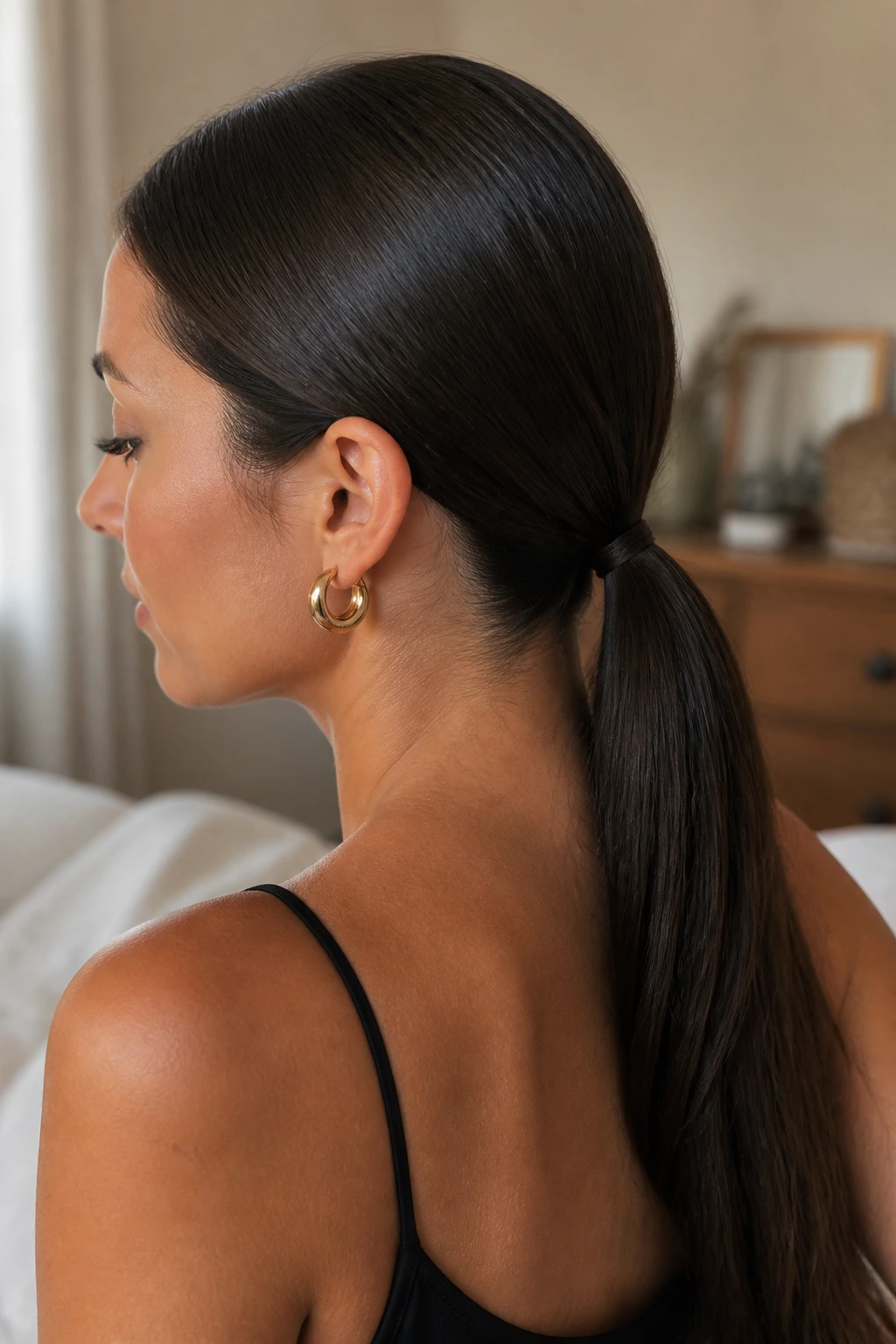 Close-up of a real woman wearing a low sleek ponytail at the nape
