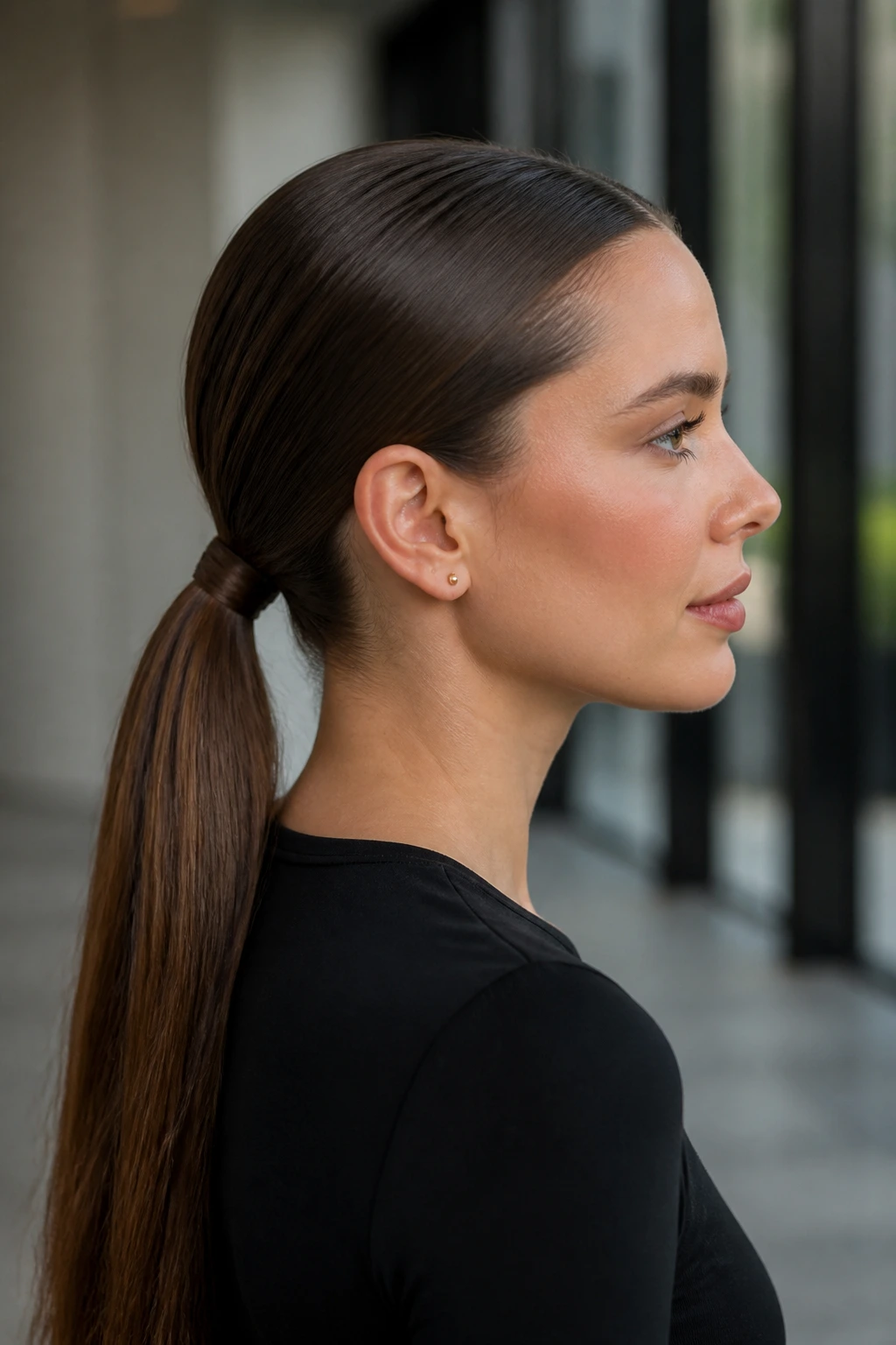 Side-profile of a real woman with a low, sleek ponytail at the nape.