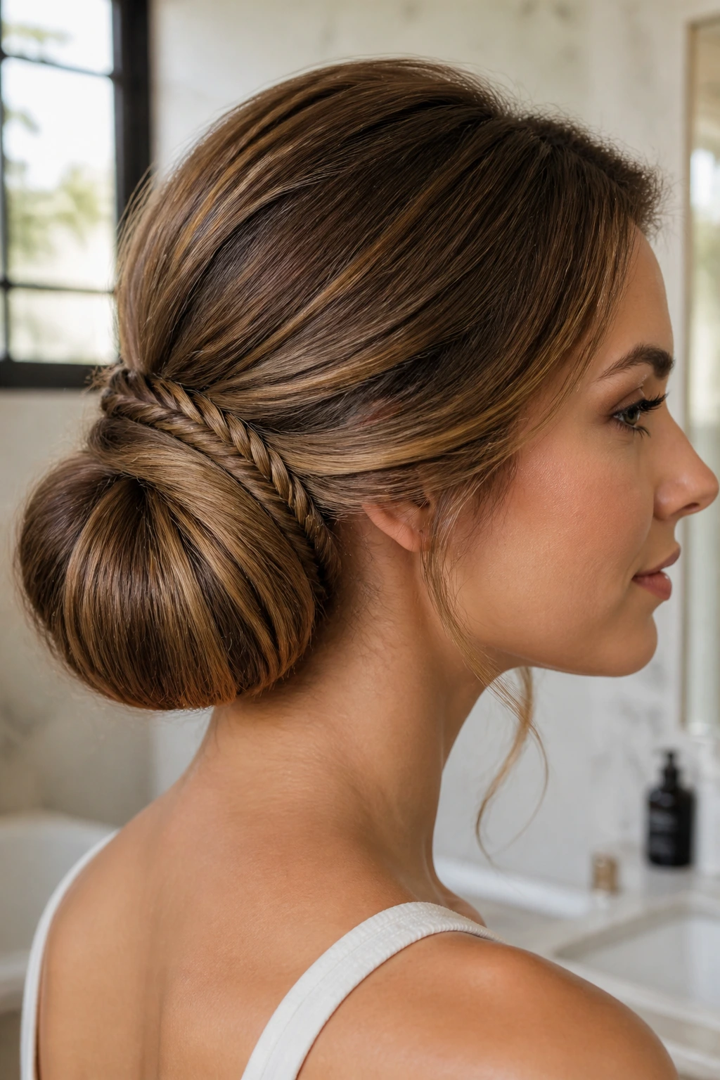 Profile view of a real woman with a fishtail-accent low sock bun