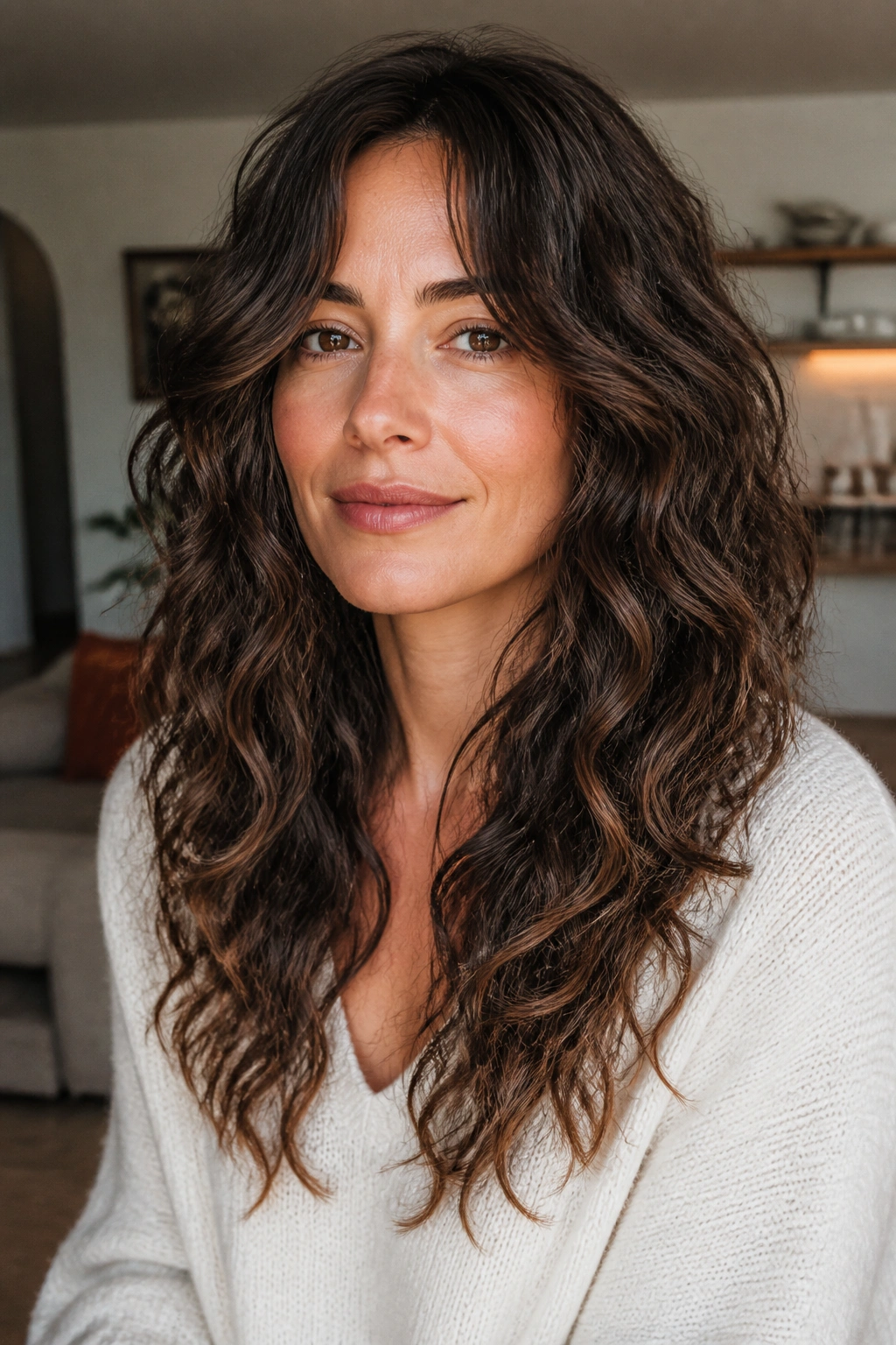 Portrait of a woman with looser curls and waves and lower-start face-framing
