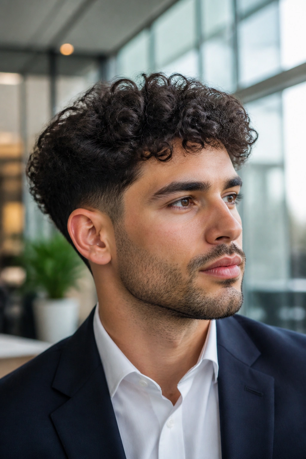 Portrait of a man with a low taper and natural curl top in an office setting.