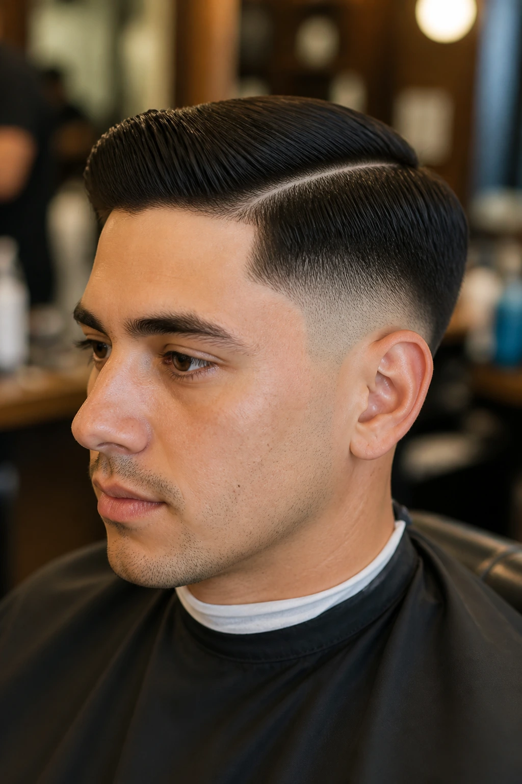 Close-up portrait of a man with a low taper fade and side part in a barbershop setting