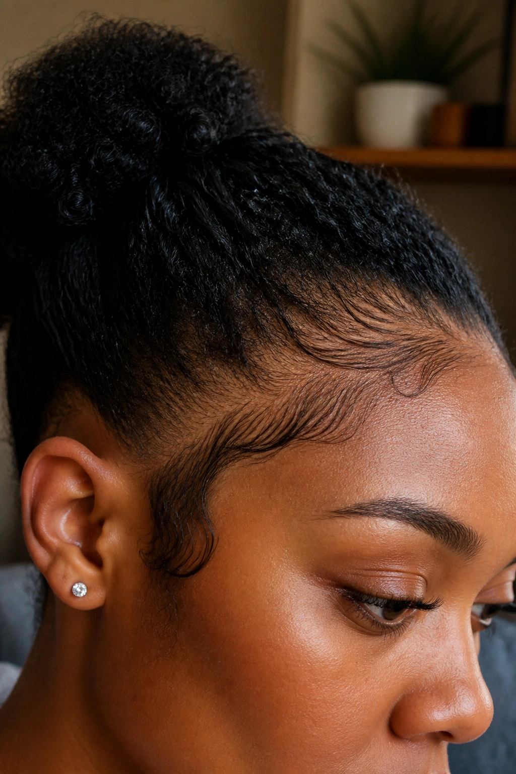 Close-up of a real person showing low-tension edges along the hairline