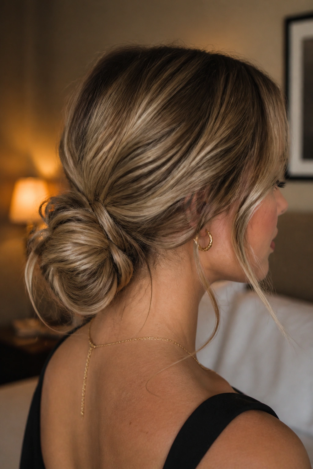 Close-up of a real woman wearing a low textured chignon at the nape.