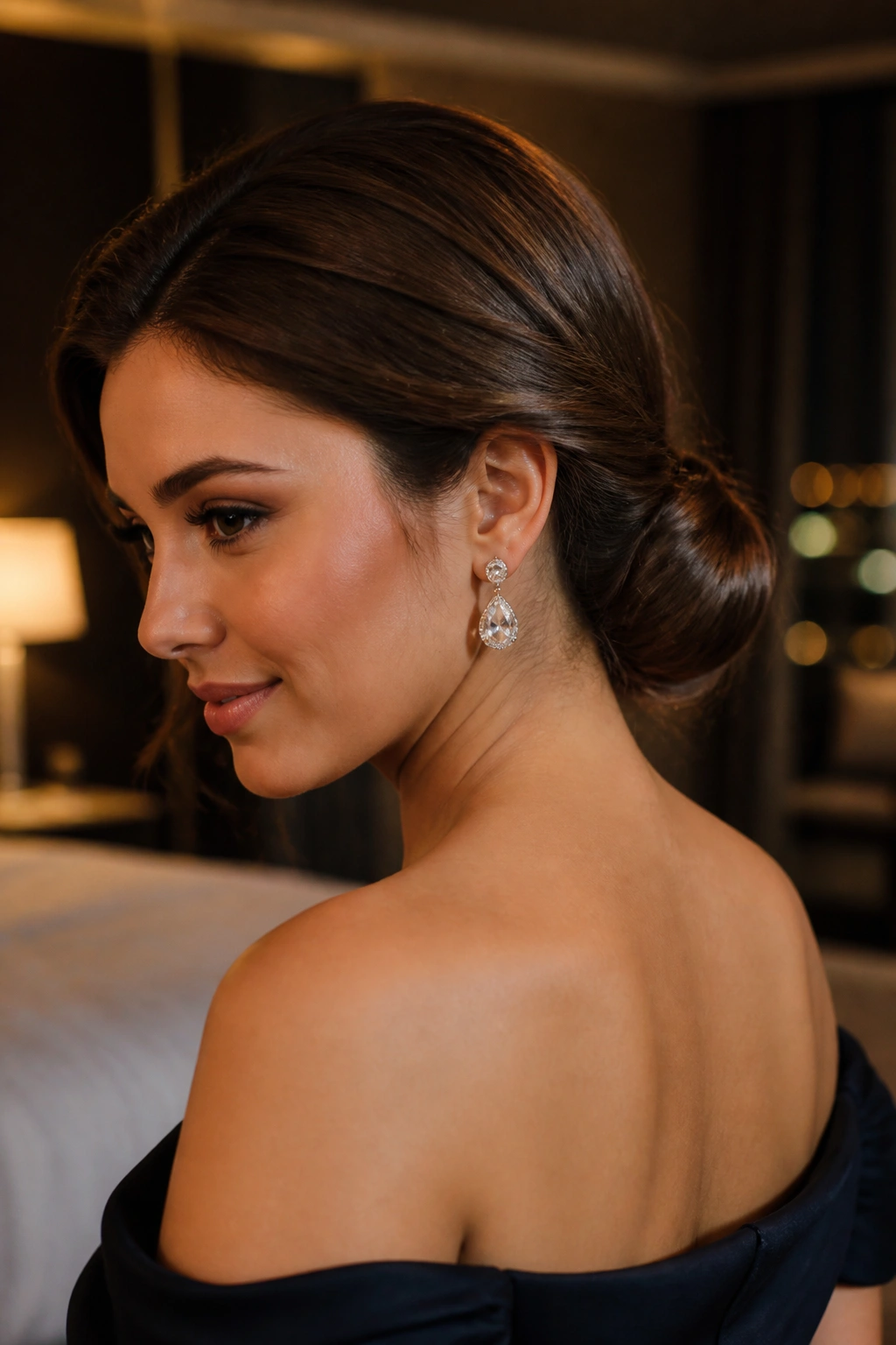 Close-up of a real woman with a low tucked roll at the nape, crown lift, formal setting