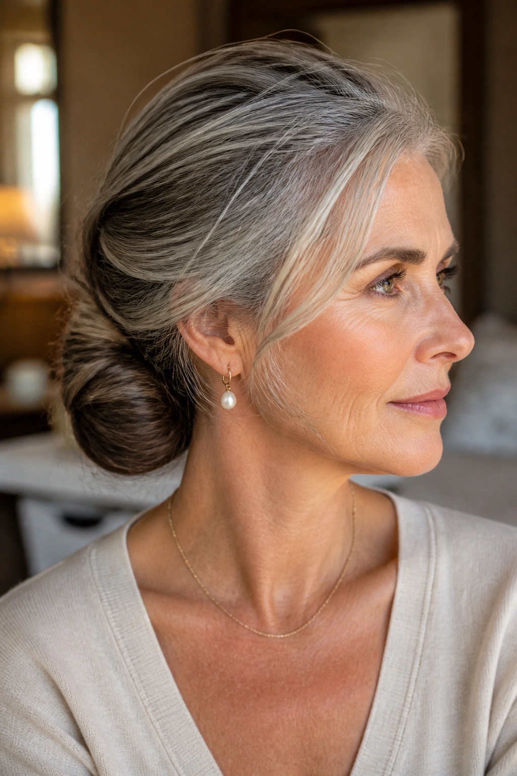 Portrait of a woman with a low twist bun at the nape