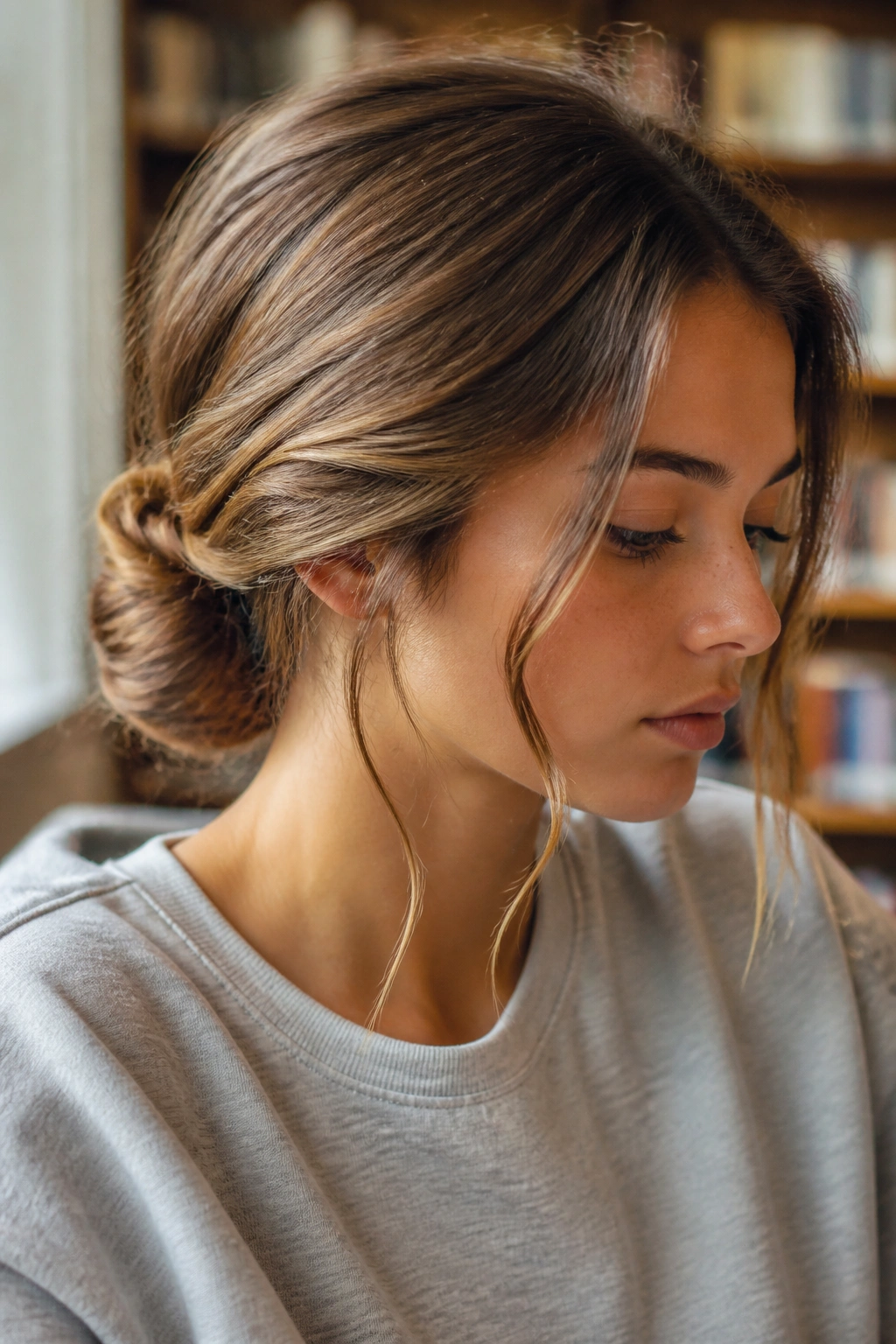 Close-up of a real person with a low twist bun at the nape in a study area