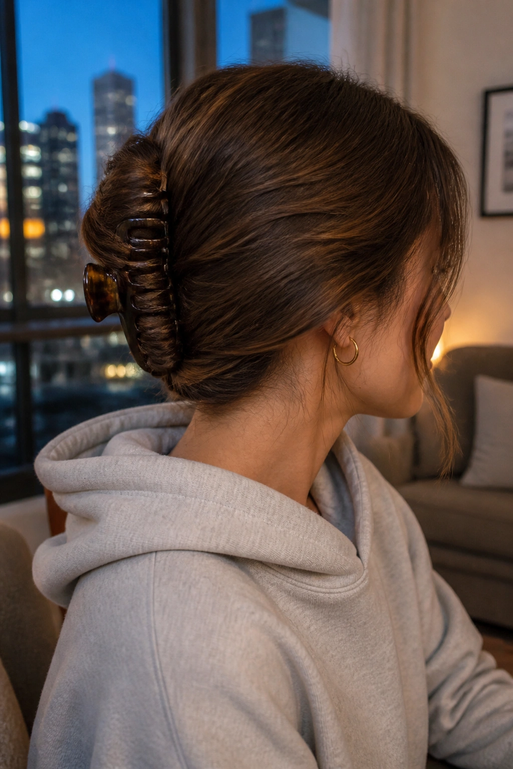 Real woman with a low twist secured by a large claw clip under a hoodie in a warm apartment