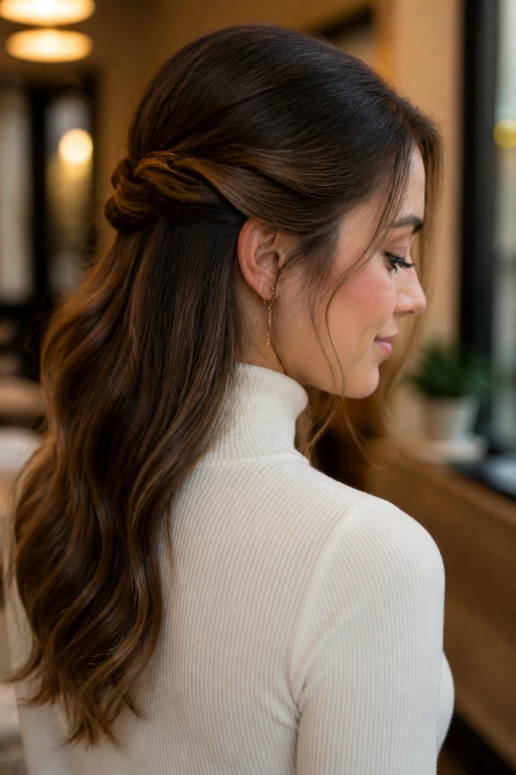 Close-up portrait of a real woman with a low-twist half updo