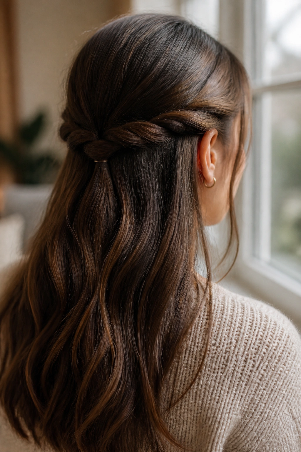 Close-up of a real woman with low twist-and-pin half-up hairstyle