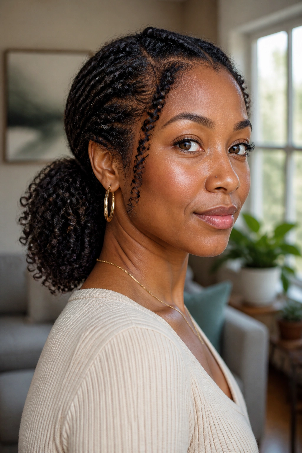 Close-up portrait of a real woman with a low twist-out ponytail at the nape, defined curls filling the frame