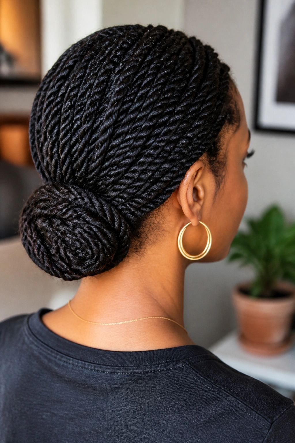 Close-up of a woman with a low twisted bun at the nape.