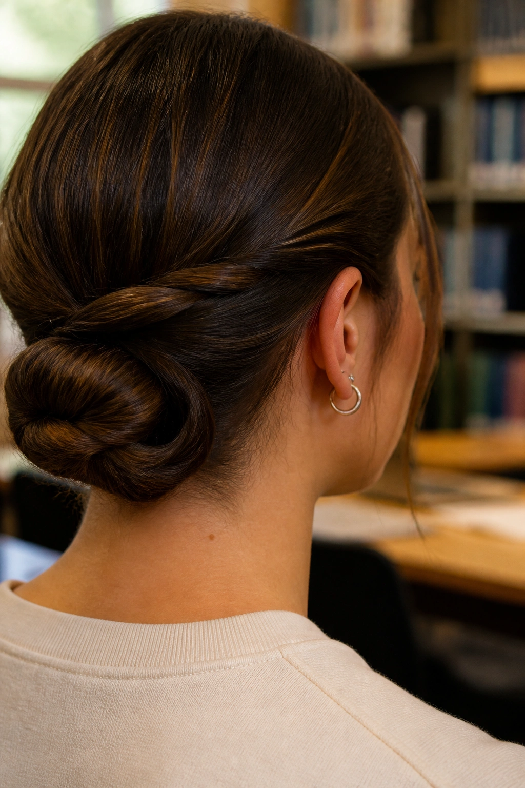 Side profile of a real person with a low twisted bun at the nape