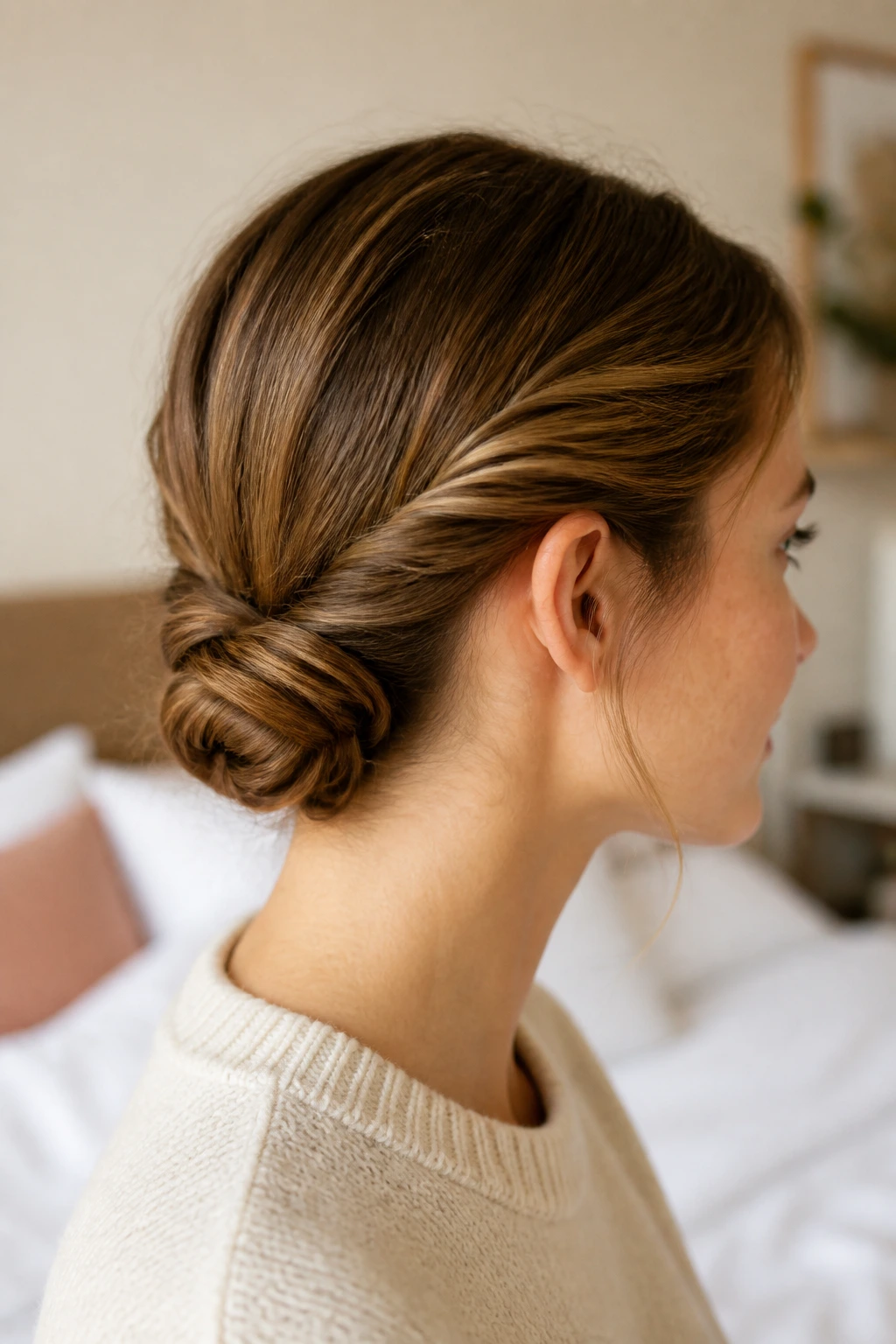Portrait of a real person with chin-length hair styled into a low twisted bun at the nape