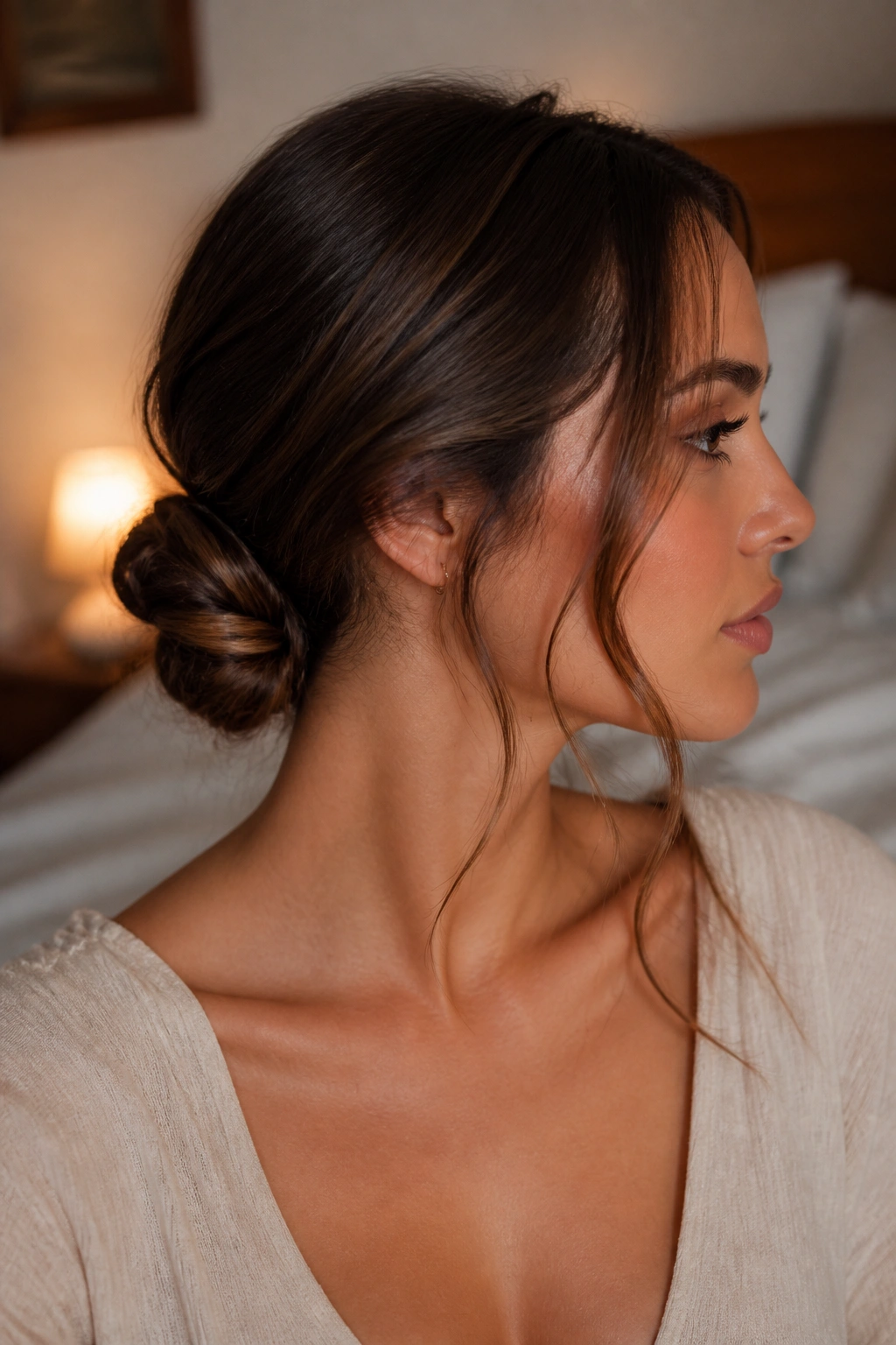 Side-profile of a real woman with a low twisted bun and soft front pieces