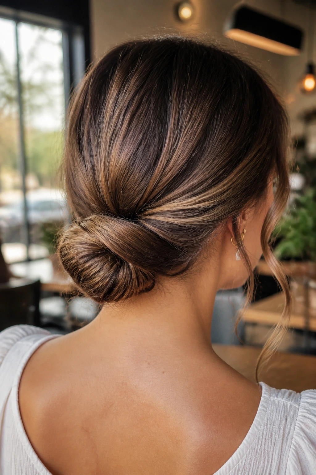 Back of head of real woman with a low twisted bun at the nape