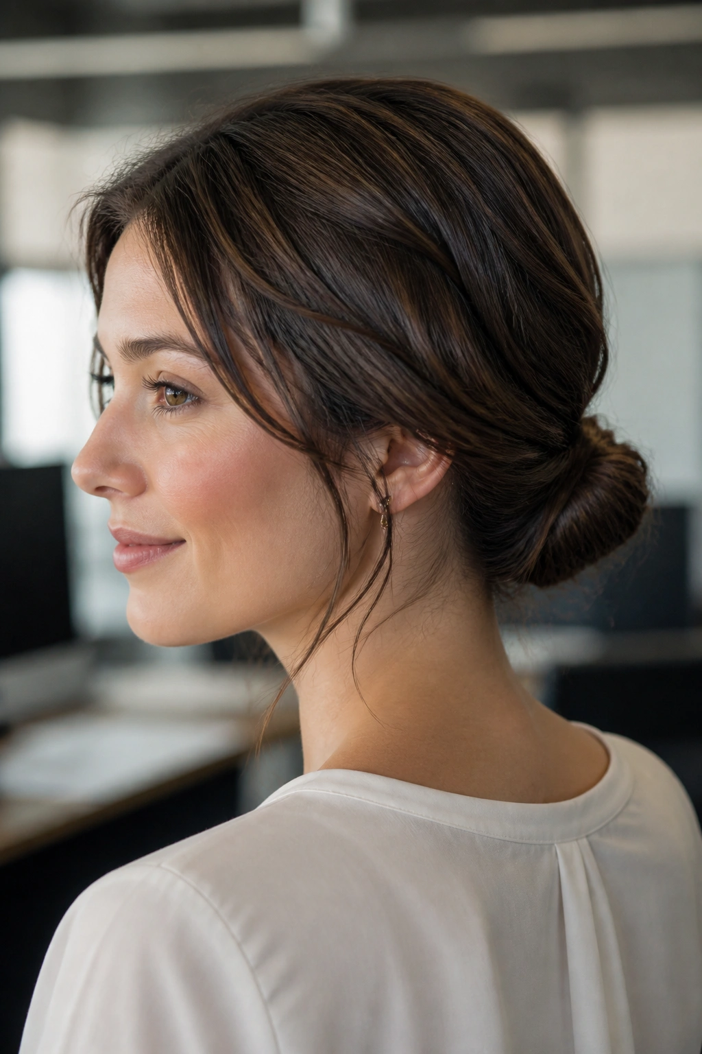 Real woman with low twisted bun for short hair at the nape.