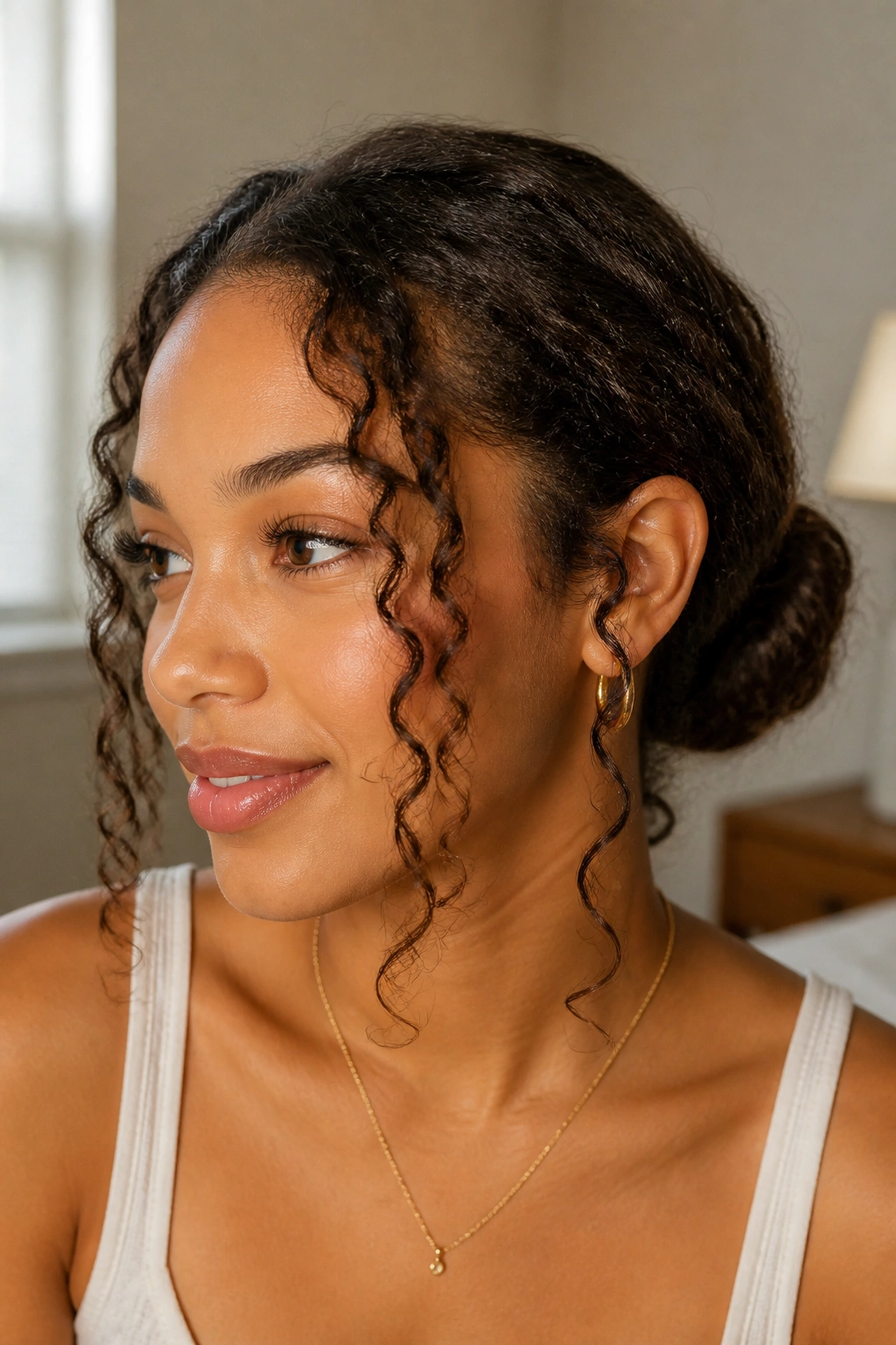 Close-up of a real person with a low twisted bun and spirals at the front