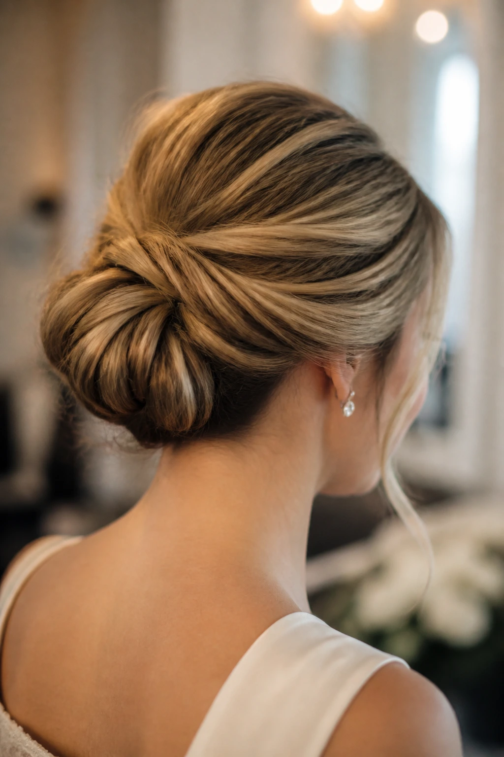 Close-up of real woman with a low twisted chignon at the nape