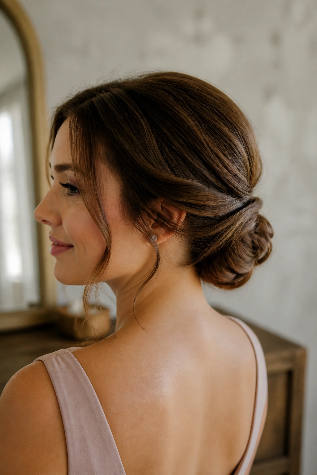 Close-up portrait of a real woman wearing a low twisted chignon with face-framing pieces.