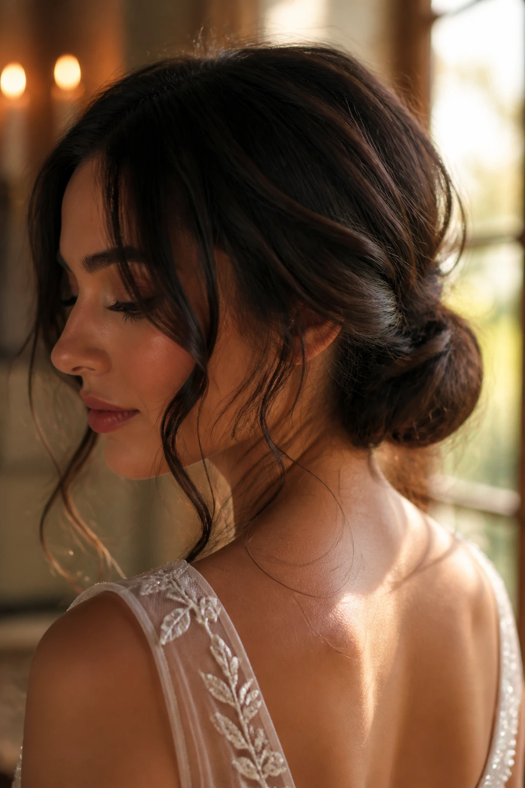 Close-up of a real woman with a low twisted chignon and face-framing tendrils