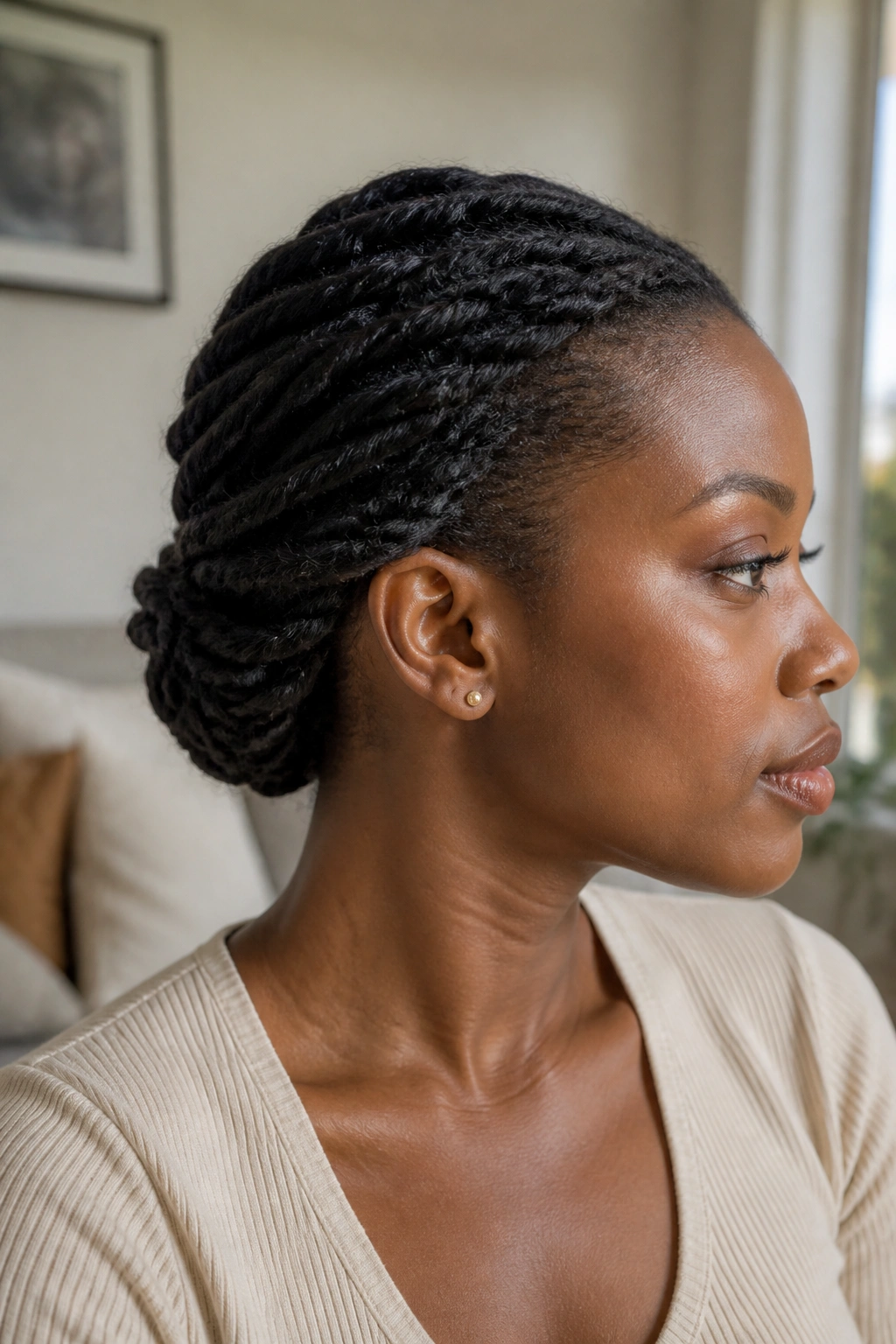 Close-up of a real person with a low twisted chignon and tucked ends at the nape.
