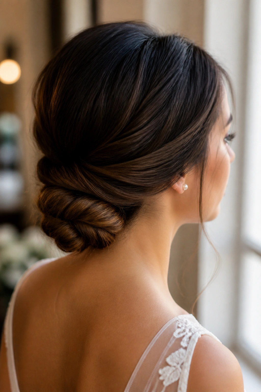 Close-up of a real woman with a low twisted knot at the nape