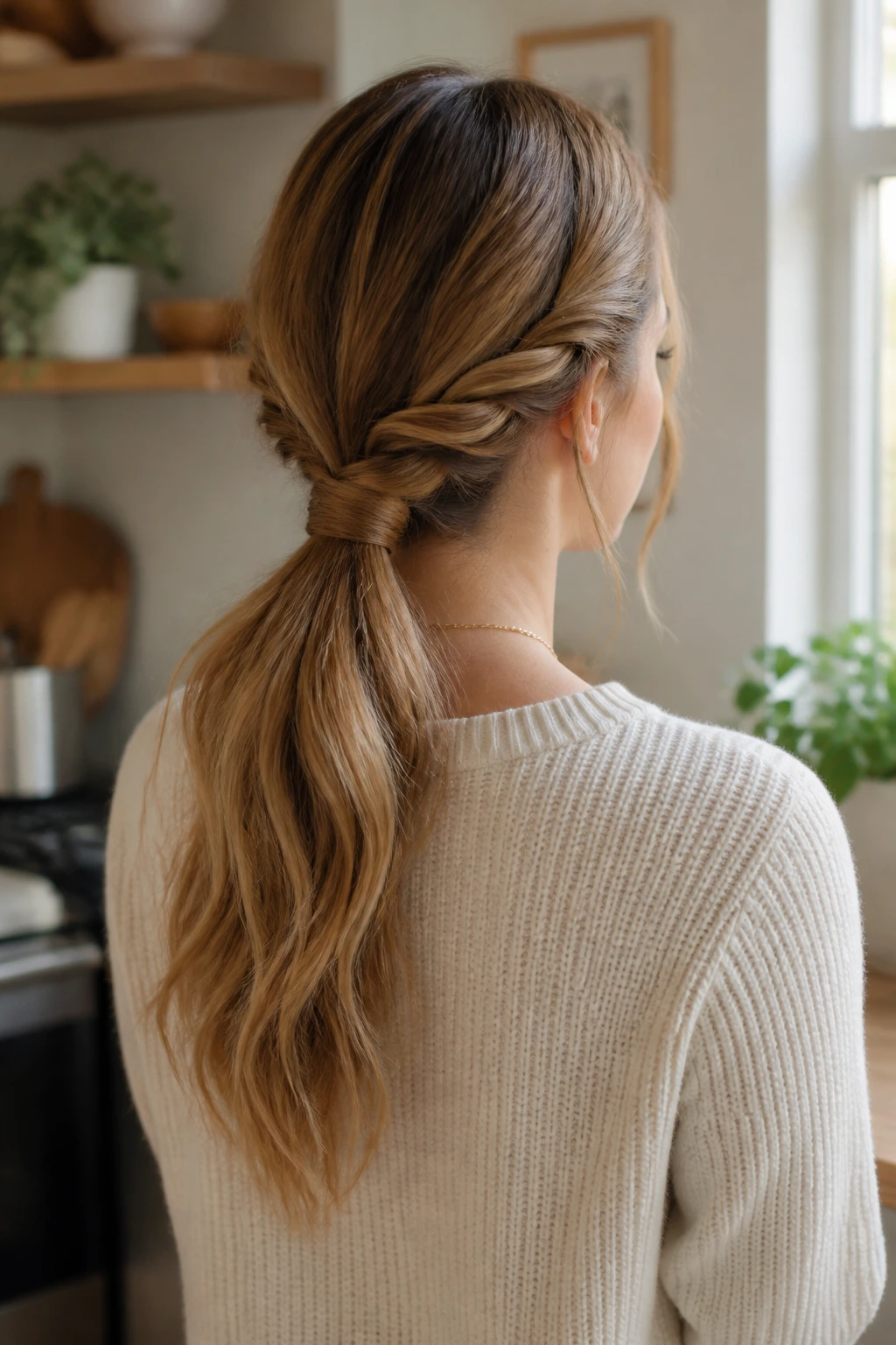 Real woman with a low twisted ponytail viewed from back or side