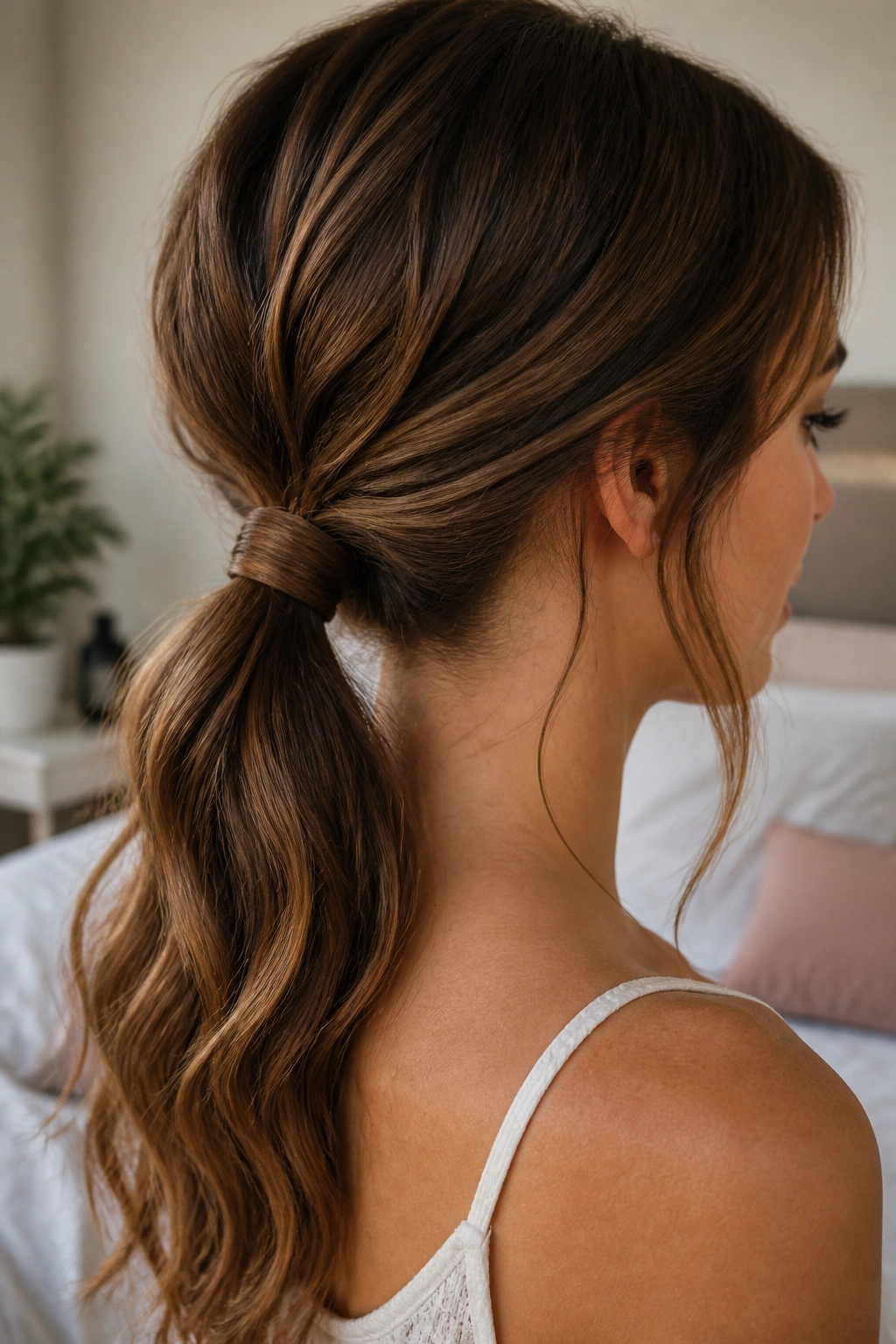 Close-up of a real woman with a loose low wavy ponytail at the nape and wrapped elastic