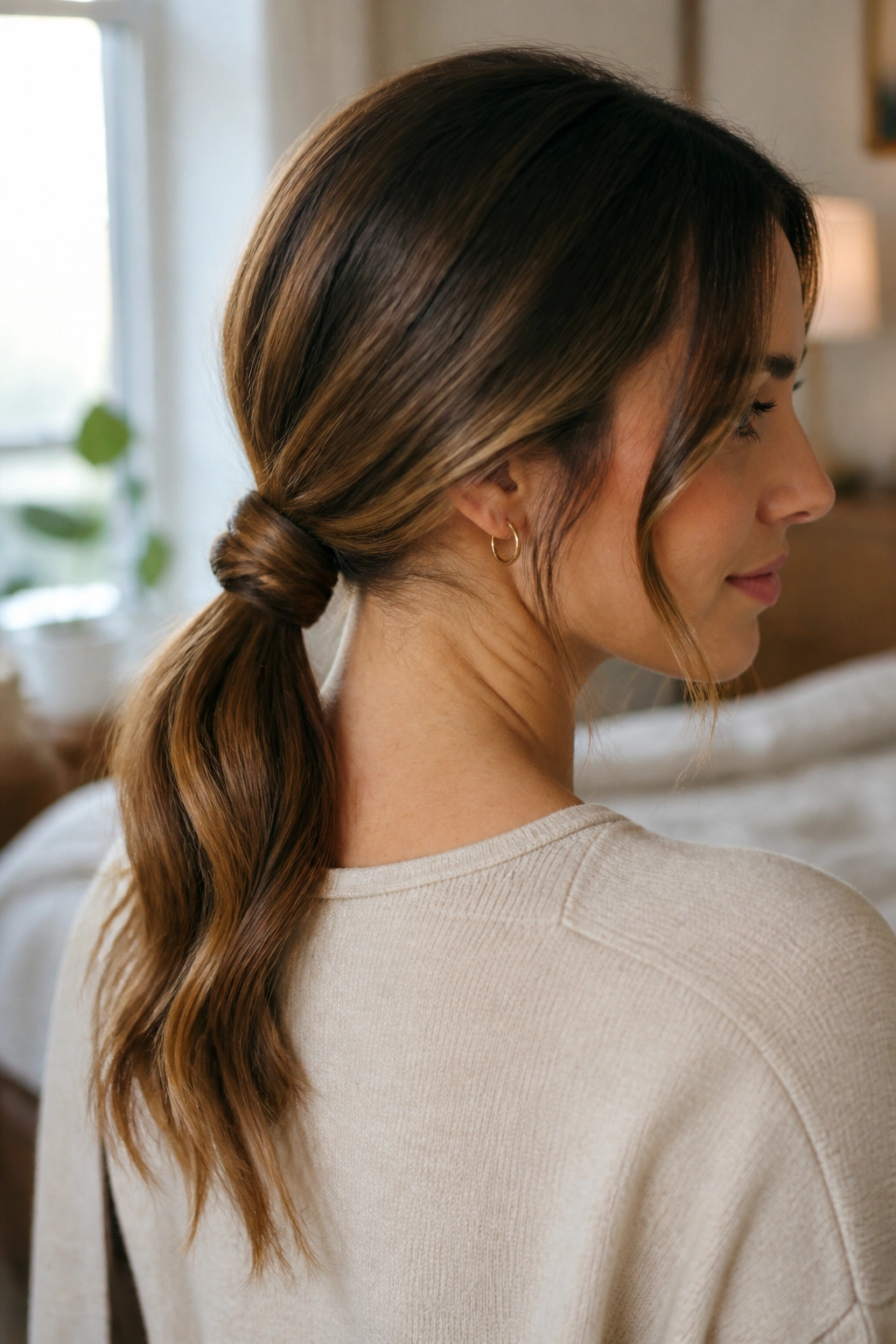 Close-up portrait of a real woman with a low-wrapped knot ponytail at the nape under warm window light.