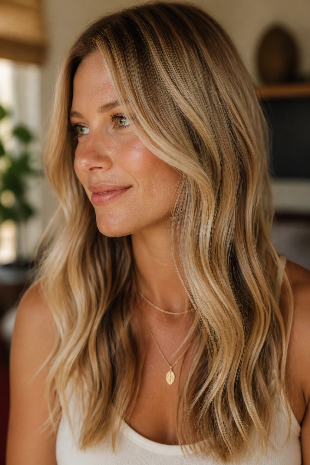 Close-up of a real woman with blonde hair enhanced by lowlights for depth