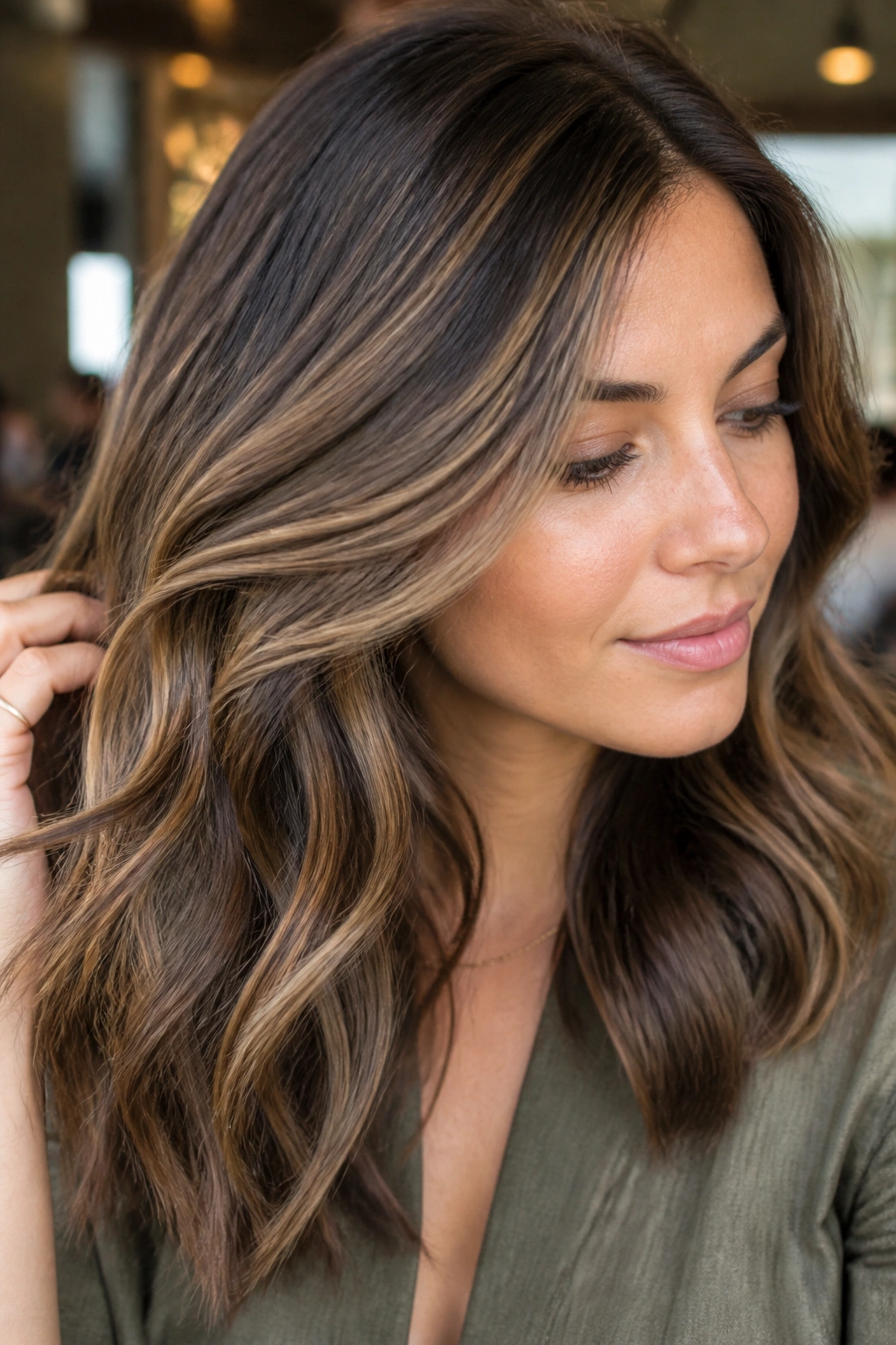 Close-up of a real woman with strategic lowlights adding depth to hair.