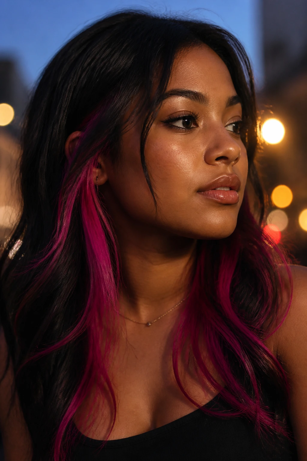 Close-up of a real person displaying magenta peekaboo hair color against dark hair in urban dusk lighting
