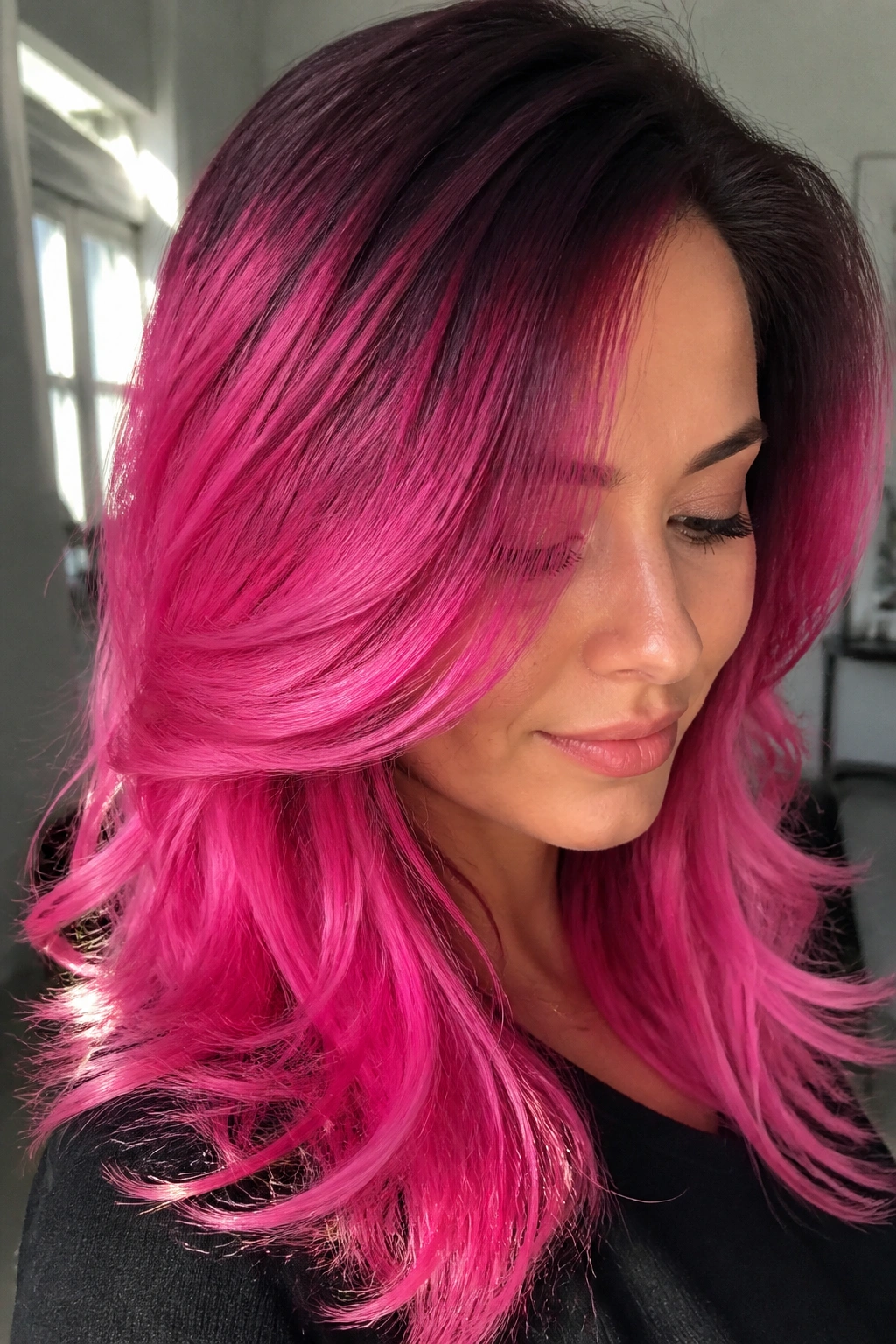 Close-up of a real person with magenta melt hair color transitioning from dark root to vivid pink ends
